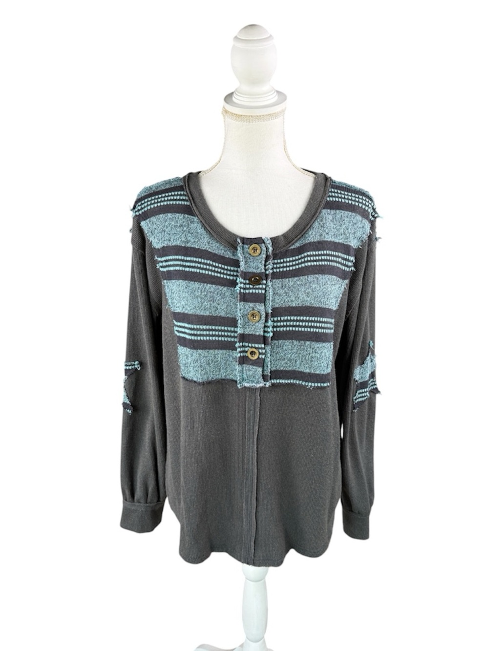 POL Mixed Media Waffle Knit Top Charcoal Grey Teal Blue